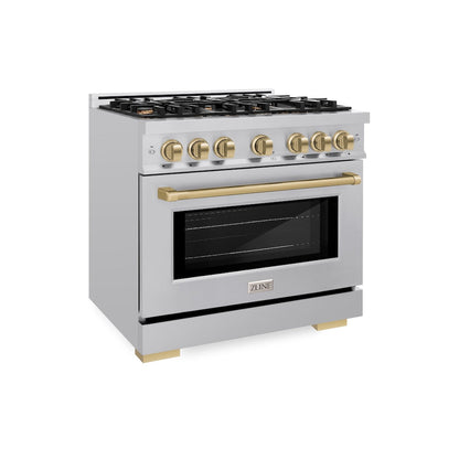 ZLINE Autograph Edition 36 in. 5.2 cu. ft. Select Gas Range with 6 Burner Cooktop and Convection Gas Oven in Stainless Steel and Champagne Bronze Accents, Open Box-Great Condition