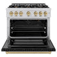 ZLINE Autograph Edition 36 in. 5.2 cu. ft. Select Gas Range with 6 Burner Cooktop and Convection Gas Oven in Stainless Steel with Black Matte Door and Champagne Bronze Accents, Open Box-Great Condition