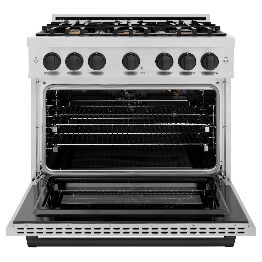 ZLINE Autograph Edition 36 in. 5.2 cu. ft. Select Gas Range with 6 Burner Cooktop and Convection Gas Oven in Stainless Steel and Matte Black Accents (HGRZ-36-MB) front, oven open.