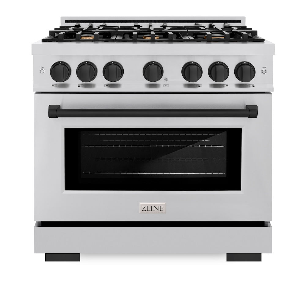 ZLINE Autograph Edition 36 in. 5.2 cu. ft. Select Gas Range with 6 Burner Cooktop and Convection Gas Oven in Stainless Steel and Matte Black Accents (HGRZ-36-MB) front, oven closed.