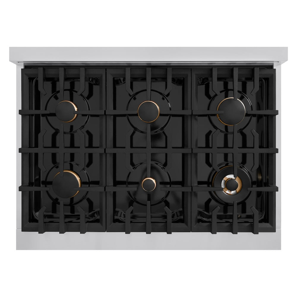 ZLINE Autograph Edition 36 in. 5.2 cu. ft. Select Gas Range with 6 Burner Cooktop and Convection Gas Oven in Stainless Steel and Matte Black Accents (HGRZ-36-MB) top-down, above cooktop.