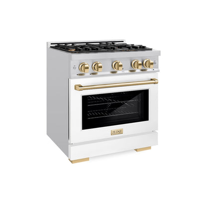 ZLINE Autograph Edition 30 in. 4.2 cu. ft. Select Gas Range with 4 Burner Cooktop and Convection Gas Oven in Stainless Steel with White Matte Door and Polished Gold Accents, Open Box-Great Condition