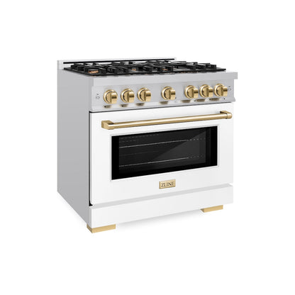 ZLINE Autograph Edition 36 in. 5.2 cu. ft. Select Gas Range with 6 Burner Cooktop and Convection Gas Oven in Stainless Steel with White Matte Door and Polished Gold Accents, Open Box-Great Condition