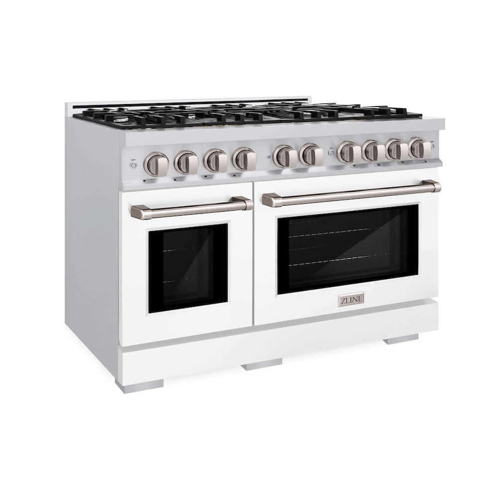 ZLINE 48 in. 6.7 cu. ft. Select Double Oven Gas Range with 8 Burner Cooktop in Stainless Steel with White Matte Doors (HGR-WM-48)