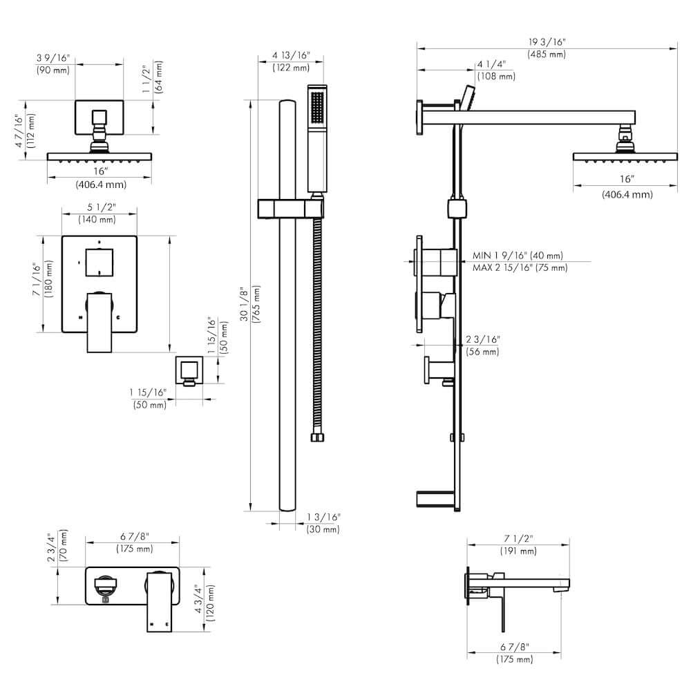 ZLINE Bliss Shower System with 16 in. Oversized Shower Head (BLS-SHS16) Brushed Nickel dimensional diagram.