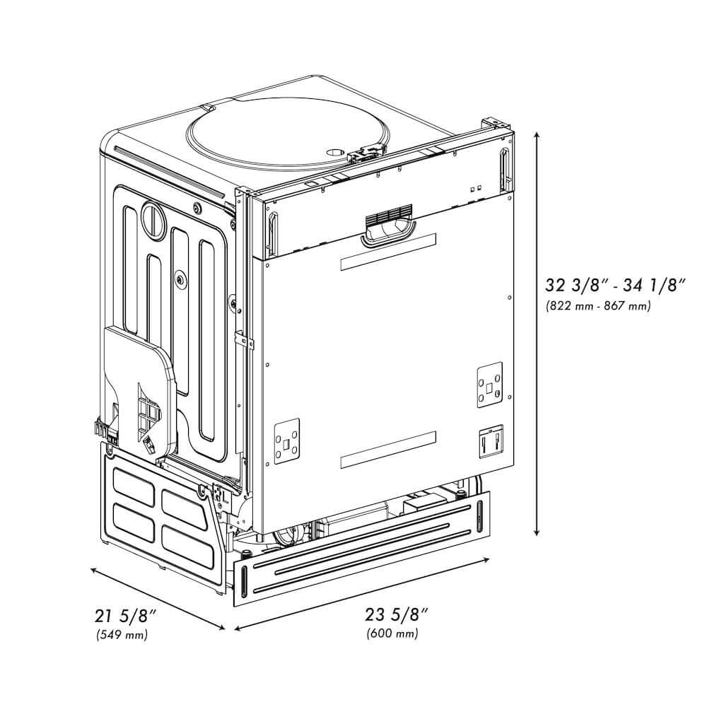 ZLINE 24 in. Panel Ready Top Control Built-In Dishwasher with Stainless Steel Tub, 52dBa, Open Box-Good Condition dimensional diagram.