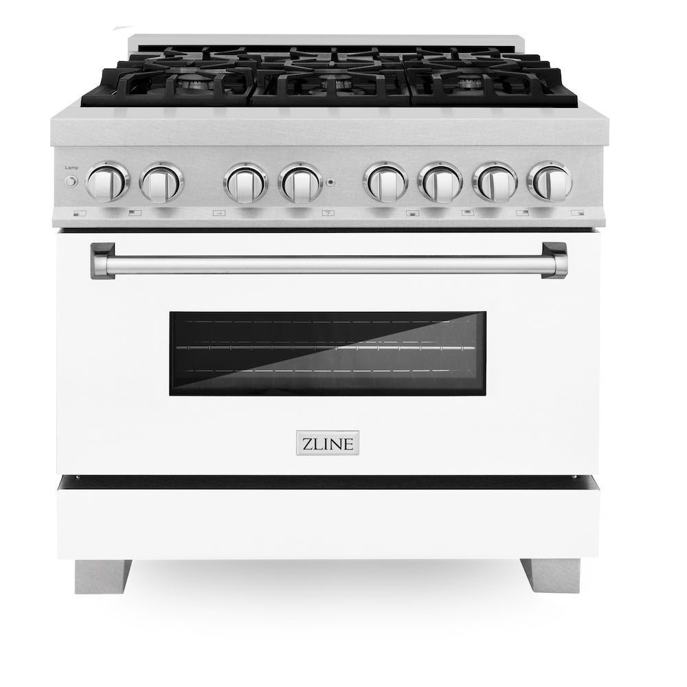 ZLINE 36 in. 4.6 cu. ft. Dual Fuel Range with Gas Stove and Electric Oven in Fingerprint Resistant Stainless Steel and White Matte Door (RAS-WM-36) front, oven closed.