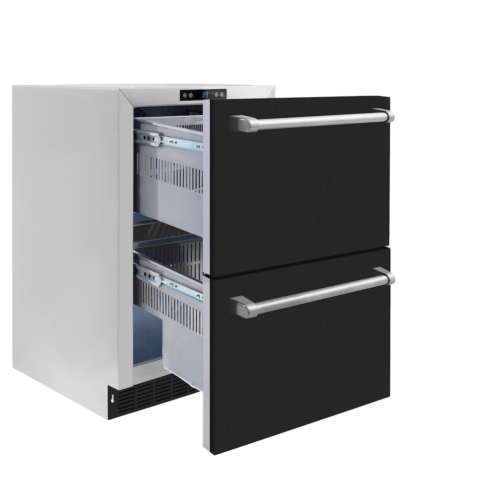 ZLINE 24 in. Touchstone 168 Can Outdoor-Rated Dual Refrigerator Drawer with Black Matte Doors (RDSO-BLM-24)