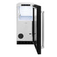 ZLINE 15 in. Touchstone Clear Cube Ice Maker with Drain Pump and Black Matte Door (ICCD-BLM-15) front, open.