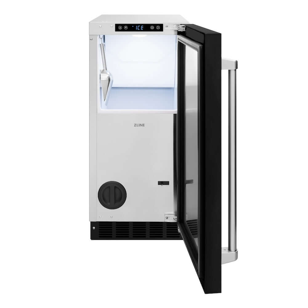 ZLINE 15 in. Touchstone Clear Cube Ice Maker with Drain Pump and Black Matte Door (ICCD-BLM-15) front, open.