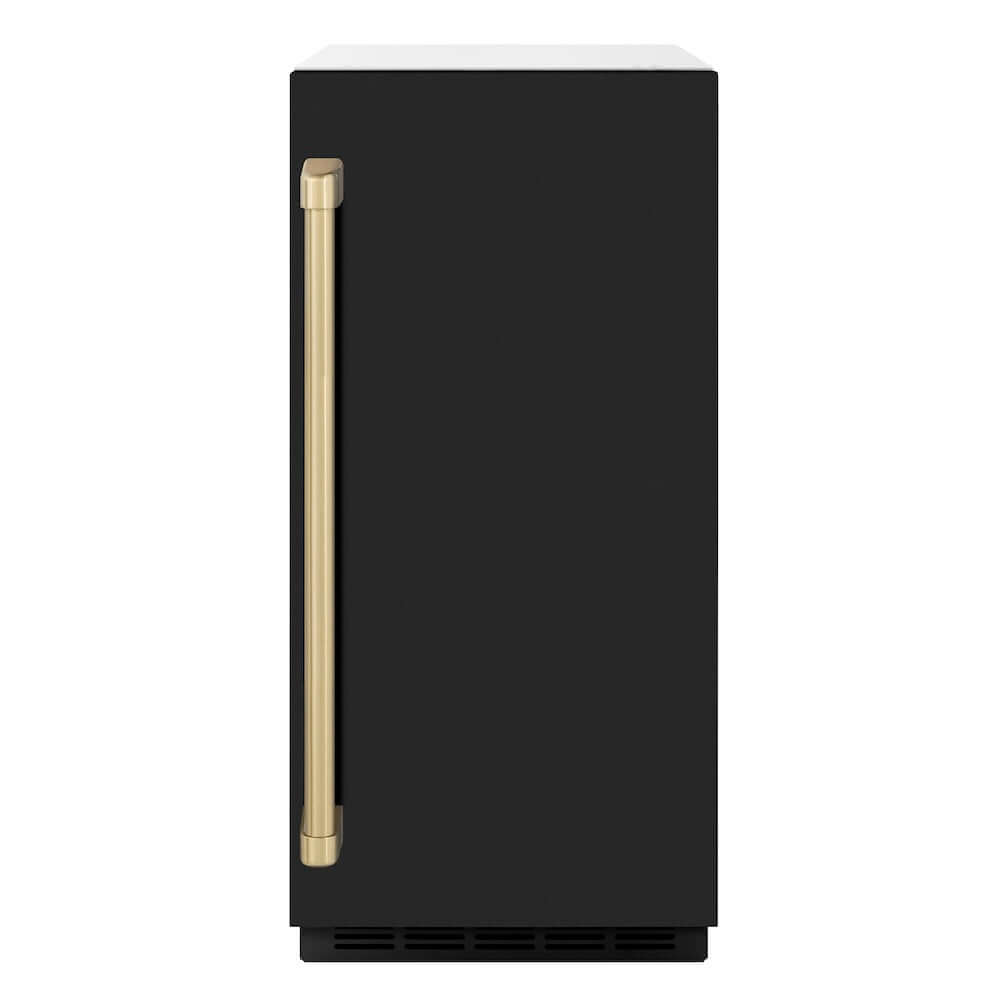 ZLINE Autograph Edition 15 in. Touchstone Clear Cube Ice Maker with Drain Pump and Black Matte Door with Champagne Bronze Handle (ICCDZ-BLM-15-CB) front.
