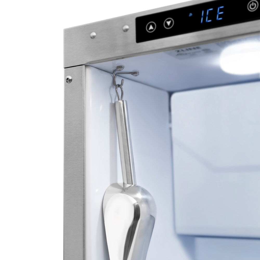 ZLINE 15 in. Touchstone Clear Cube Ice Maker with Drain Pump and Solid Stainless Steel Door (ICCD-ST-15) close-up detail, included ice scoop.