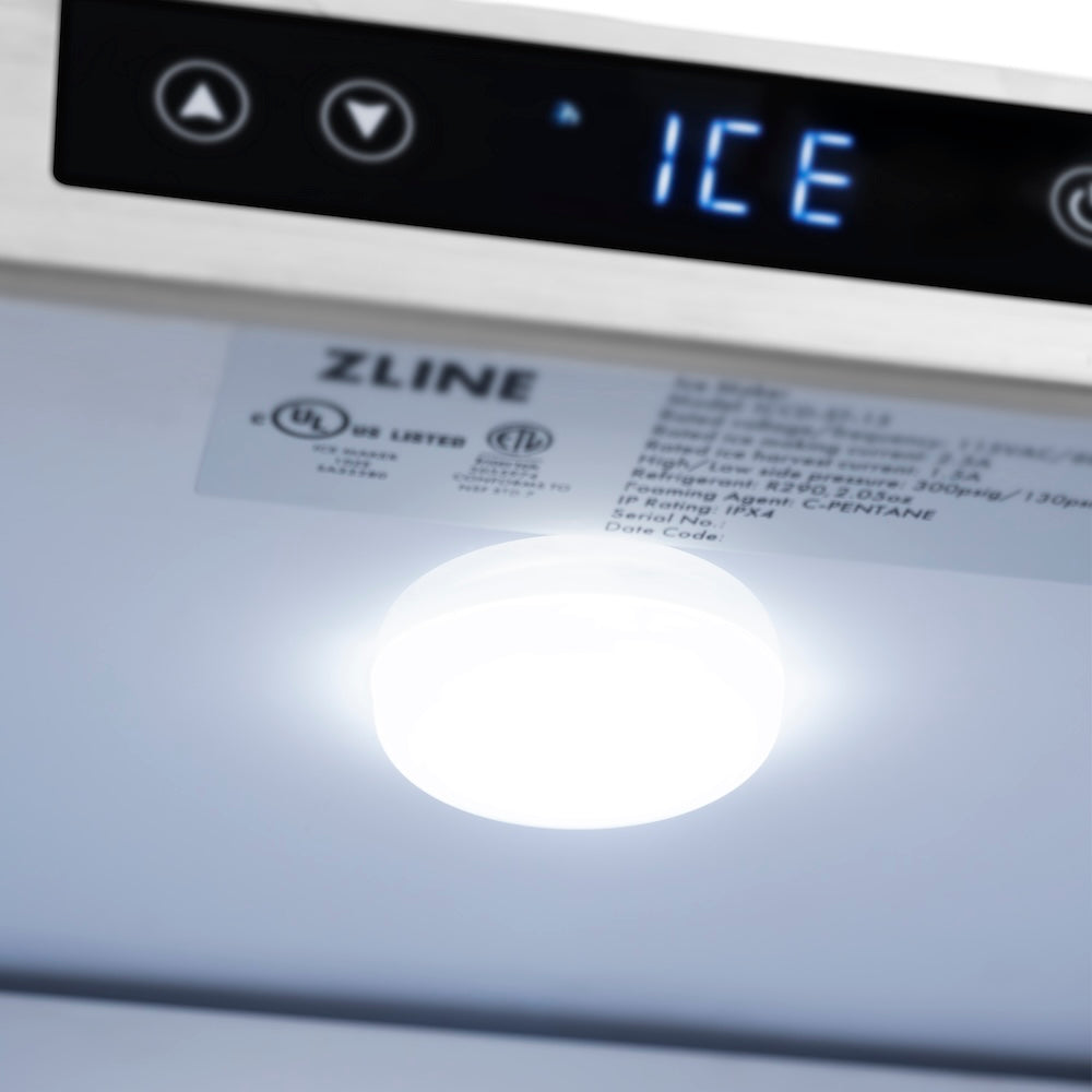 ZLINE 15 in. Touchstone Clear Cube Ice Maker with Drain Pump and Solid Stainless Steel Door (ICCD-ST-15) close-up detail, interior lighting.