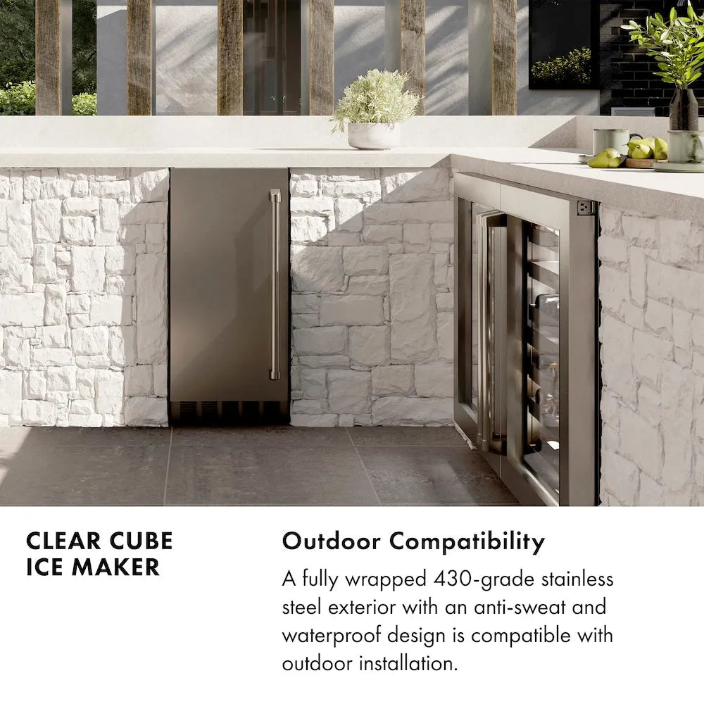 Clear Cube Ice Maker Infographic. Outdoor Compatibility. Text: A fully wrapped 430-grade stainless steel exterior with anti-sweat and waterproof design is compatible with outdoor installation.