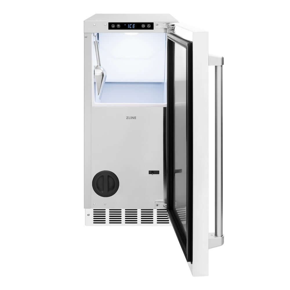 ZLINE 15 in. Touchstone Clear Cube Ice Maker with Drain Pump and White Matte Door (ICCD-WM-15) front, open.