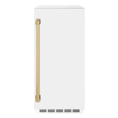 ZLINE Autograph Edition 15 in. Touchstone Clear Cube Ice Maker with Drain Pump and White Matte Door with Polished Gold Handle (ICCDZ-WM-15-G) front.