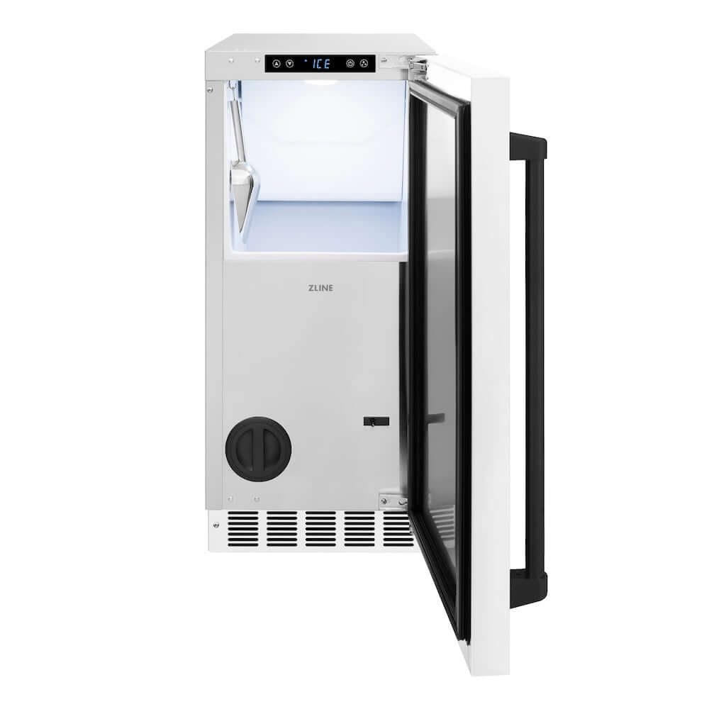 ZLINE Autograph Edition 15 in. Touchstone Clear Cube Ice Maker with Drain Pump and White Matte Door with Matte Black Handle (ICCDZ-WM-15-MB) front, open.