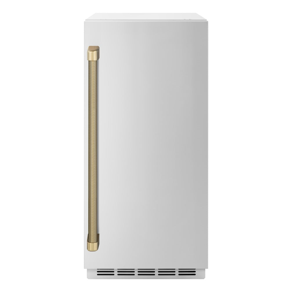 ZLINE Autograph Edition 15 in. Touchstone Clear Cube Ice Maker with Drain Pump and Solid Stainless Steel Door with Champagne Bronze Helix Handle (ICCDZ-ST-15-KCB) front.
