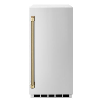 ZLINE Autograph Edition 15 in. Touchstone Clear Cube Ice Maker with Drain Pump and Solid Stainless Steel Door with Champagne Bronze Helix Handle (ICCDZ-ST-15-KCB) front.