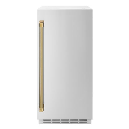 ZLINE Autograph Edition 15 in. Touchstone Clear Cube Ice Maker with Drain Pump and Solid Stainless Steel Door with Polished Gold Helix Handle (ICCDZ-ST-15-KG) front.