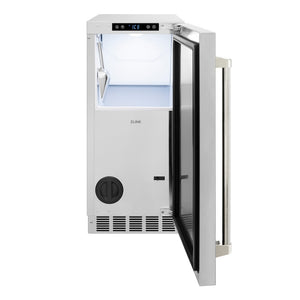 ZLINE Autograph Edition 15 in. Touchstone Clear Cube Ice Maker with Drain Pump and Solid Stainless Steel Door with Polished Nickel Helix Handle (ICCDZ-ST-15-KPN) front, open.