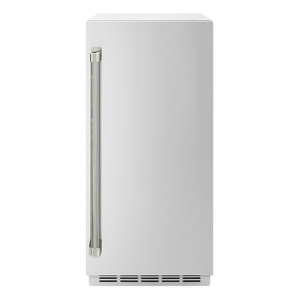 ZLINE Autograph Edition 15 in. Touchstone Clear Cube Ice Maker with Drain Pump and Solid Stainless Steel Door with Polished Nickel Helix Handle (ICCDZ-ST-15-KPN) front.