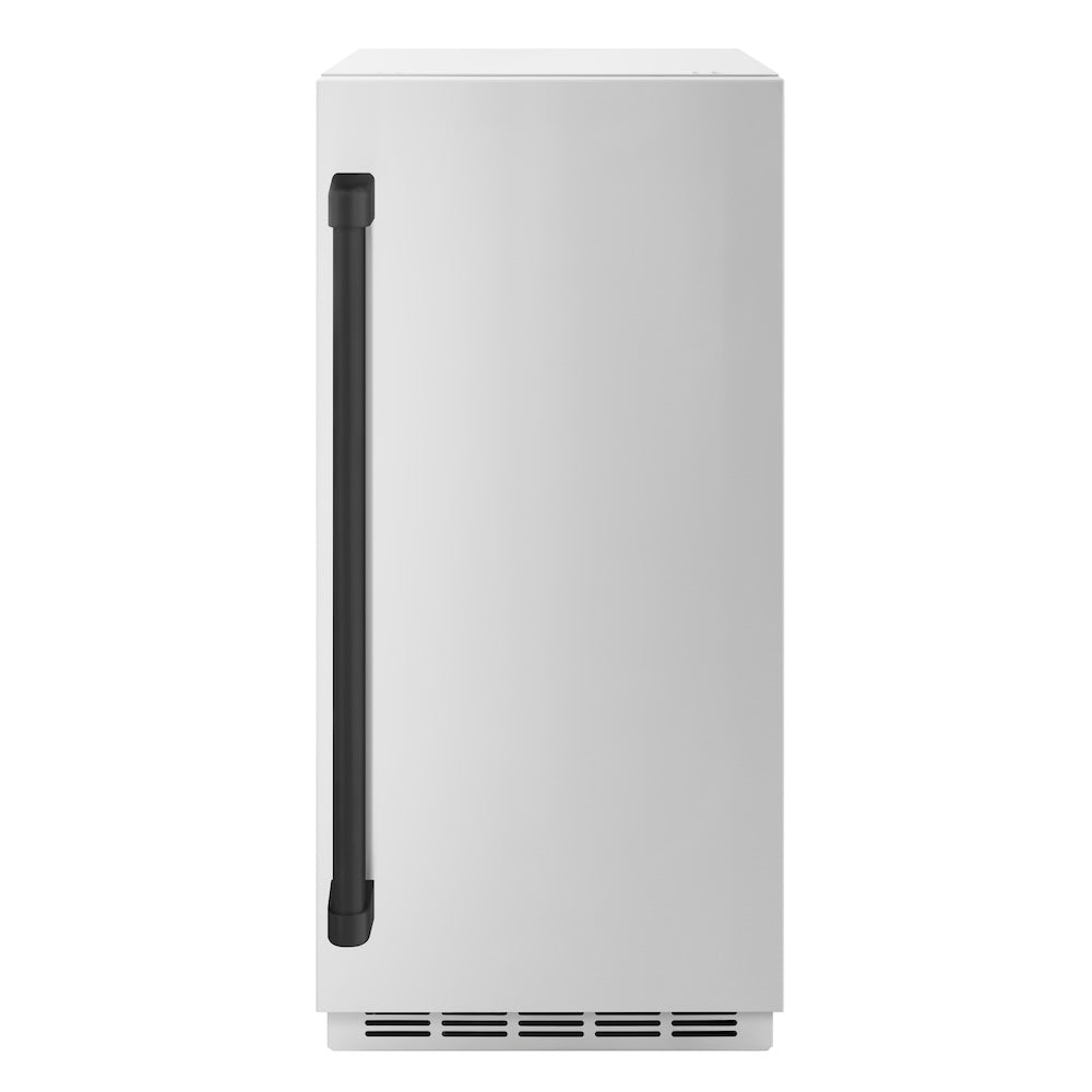 ZLINE Autograph Edition 15 in. Touchstone Clear Cube Ice Maker with Drain Pump and Solid Stainless Steel Door with Matte Black Handle (ICCDZ-ST-15-MB) front.