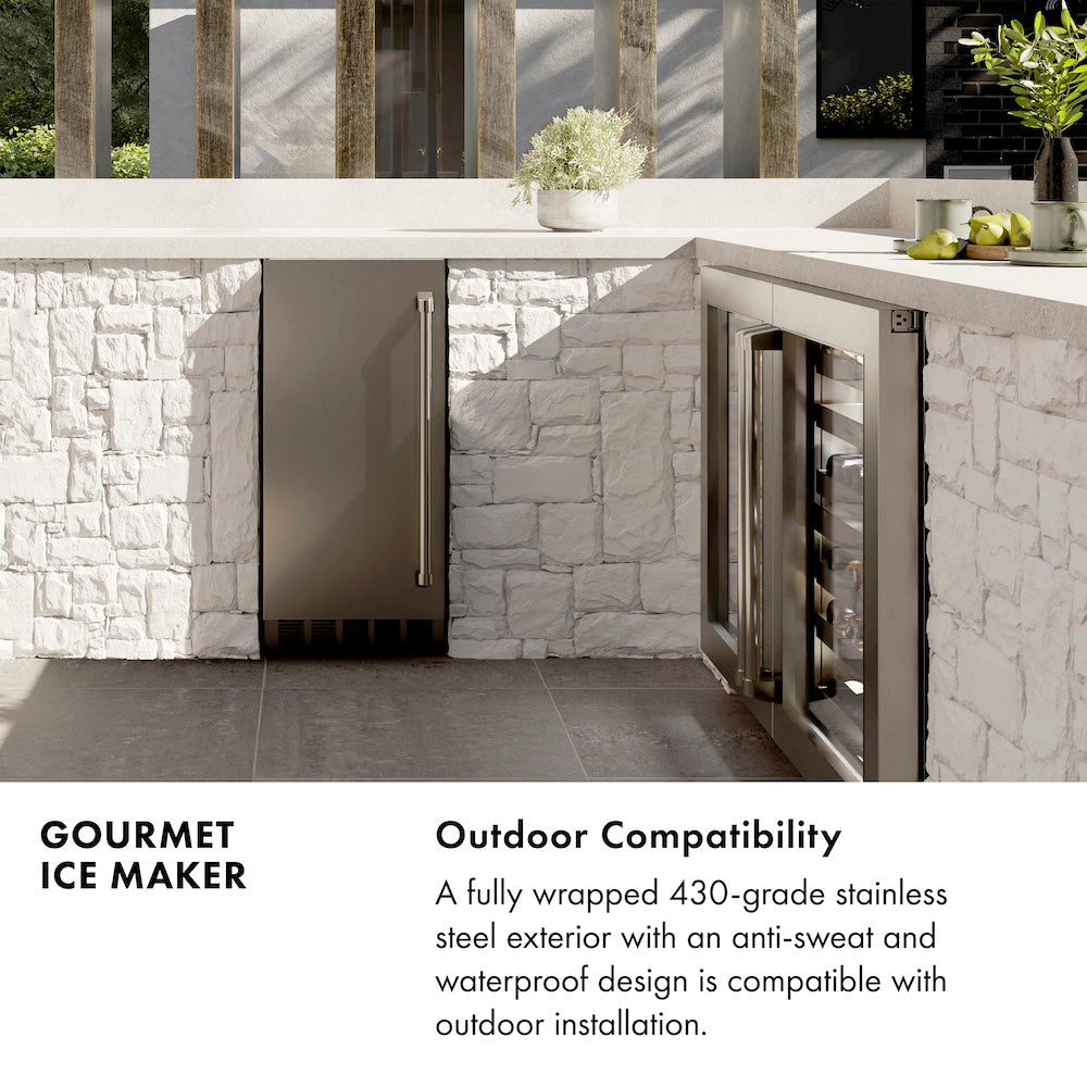 Gourmet Ice Maker Infographic. Outdoor Compatibility. Text: A fully wrapped 430-grade stainless steel exterior with anti-sweat and waterproof design is compatible with outdoor installation.