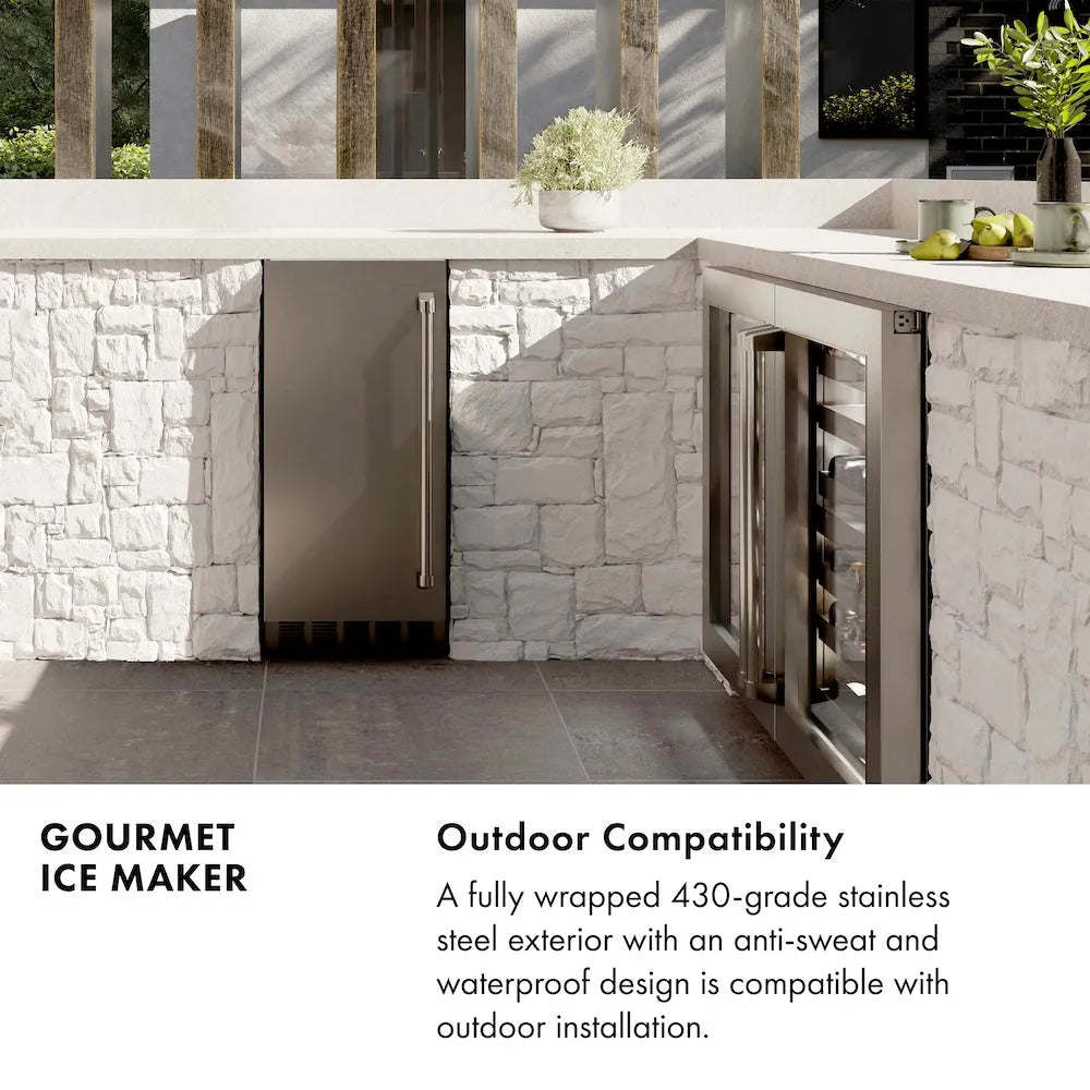 Gourmet Ice Maker Infographic. Outdoor Compatibility. Text: A fully wrapped 430-grade stainless steel exterior with anti-sweat and waterproof design is compatible with outdoor installation.