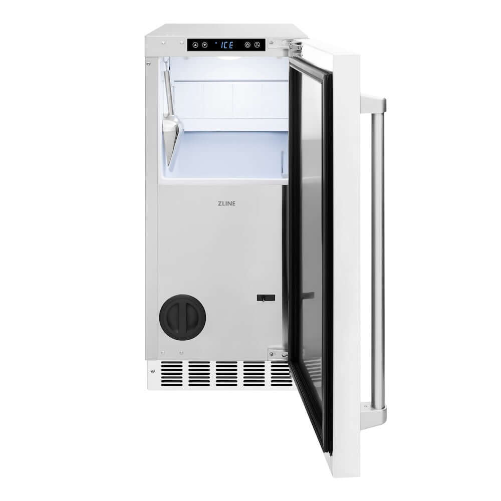 ZLINE 15 in. Touchstone Gourmet Ice Maker with Drain Pump and White Matte Door (IGMD-WM-15) front, open.