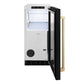 ZLINE Autograph Edition 15 in. Touchstone Gourmet Ice Maker with Drain Pump and Black Matte Door with Champagne Bronze Handle (IGMDZ-BLM-15-CB) front, open.