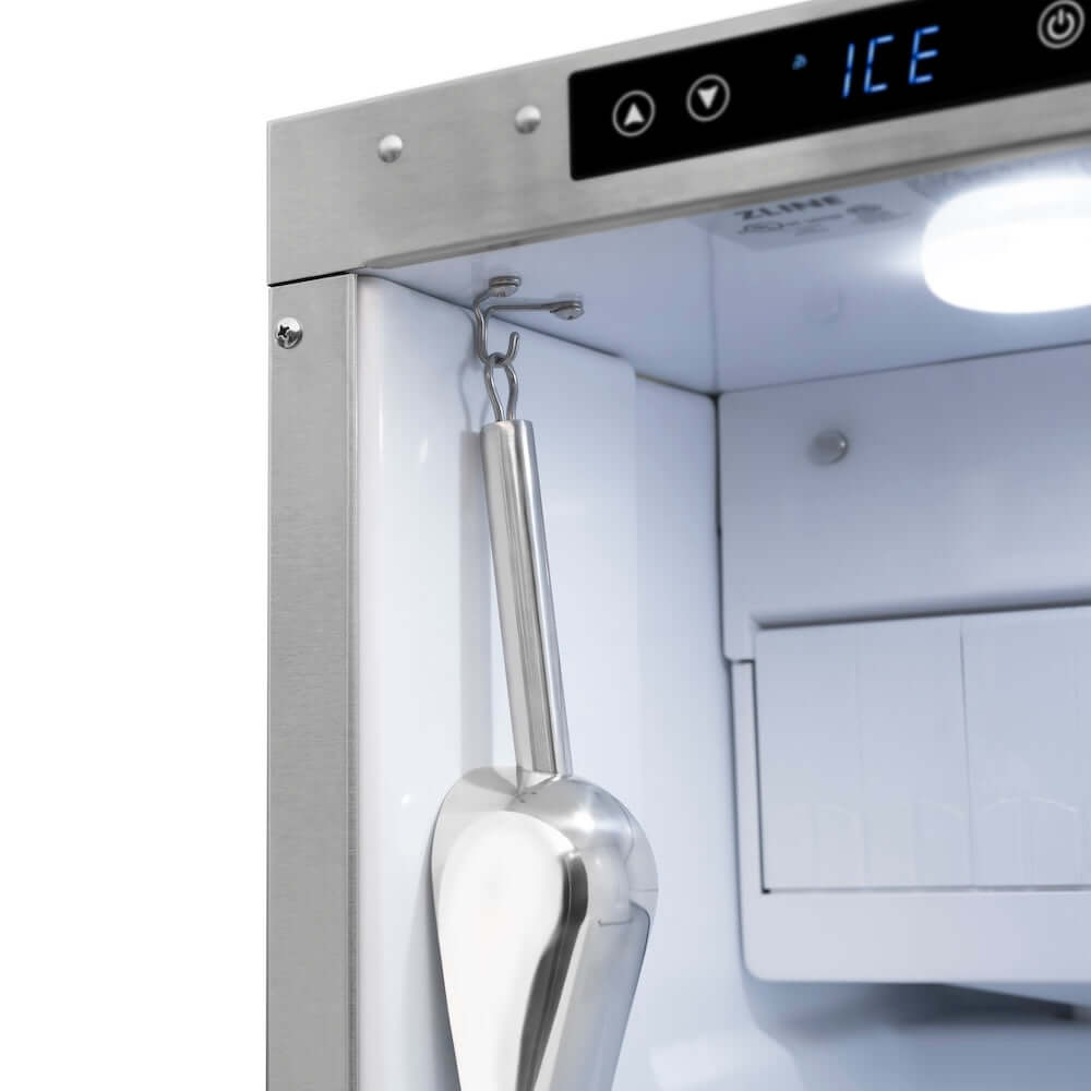 ZLINE Autograph Edition 15 in. Touchstone Gourmet Ice Maker with Drain Pump and Black Matte Door with Polished Gold Handle (IGMDZ-BLM-15-G) ice scoop.