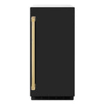 ZLINE Autograph Edition 15 in. Touchstone Gourmet Ice Maker with Drain Pump and Black Matte Door with Polished Gold Handle (IGMDZ-BLM-15-G) front.