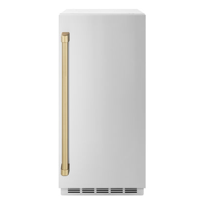 ZLINE Autograph Edition 15 in. Touchstone Gourmet Ice Maker with Drain Pump and Solid Stainless Steel Door with Champagne Bronze Handle (IGMDZ-ST-15-CB) front.