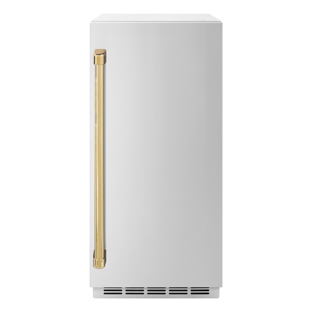 ZLINE Autograph Edition 15 in. Touchstone Gourmet Ice Maker with Drain Pump and Solid Stainless Steel Door with Polished Gold Handle (IGMDZ-ST-15-G) main image.
