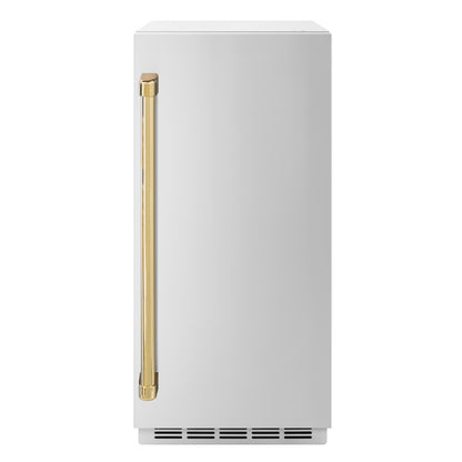 ZLINE Autograph Edition 15 in. Touchstone Gourmet Ice Maker with Drain Pump and Solid Stainless Steel Door with Polished Gold Handle (IGMDZ-ST-15-G) front.