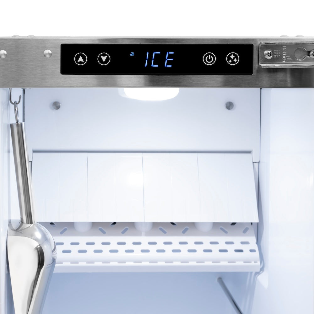 ZLINE Autograph Edition 15 in. Touchstone Gourmet Ice Maker with Drain Pump and Solid Stainless Steel Door with Champagne Bronze Helix Handle (IGMDZ-ST-15-KCB) digital display and control panel.
