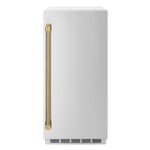 ZLINE Autograph Edition 15 in. Touchstone Gourmet Ice Maker with Drain Pump and Solid Stainless Steel Door with Polished Gold Helix Handle (IGMDZ-ST-15-KG) front.