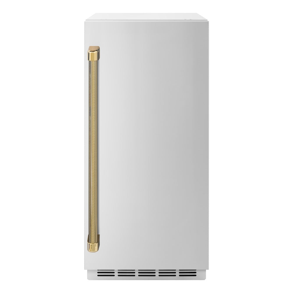 ZLINE Autograph Edition 15 in. Touchstone Gourmet Ice Maker with Drain Pump and Solid Stainless Steel Door with Polished Gold Helix Handle (IGMDZ-ST-15-KG) front.
