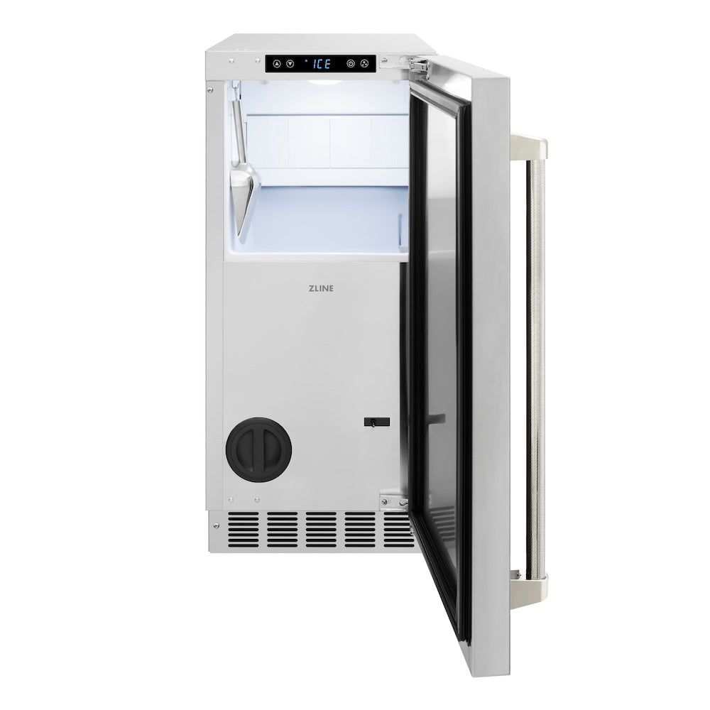 ZLINE Autograph Edition 15 in. Touchstone Gourmet Ice Maker with Drain Pump and Solid Stainless Steel Door with Polished Nickel Helix Handle (IGMDZ-ST-15-KPN) front, open.