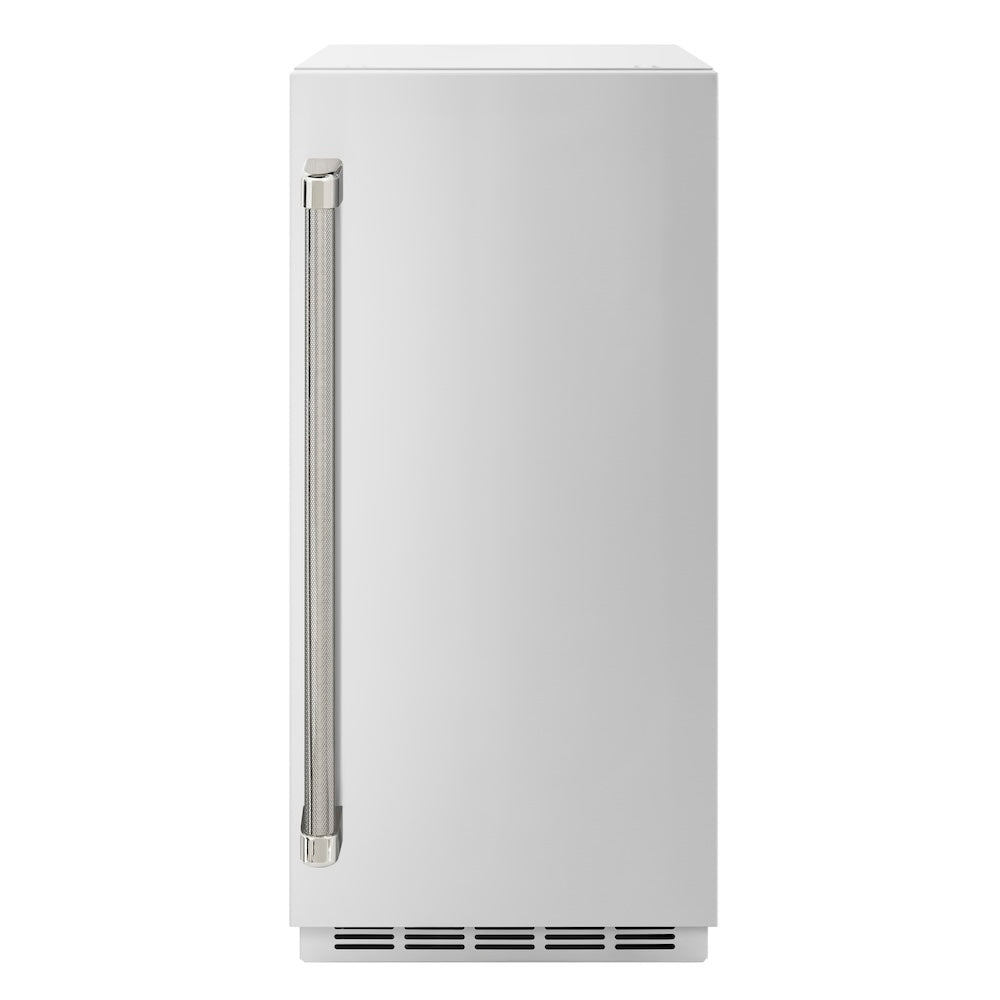 ZLINE Autograph Edition 15 in. Touchstone Gourmet Ice Maker with Drain Pump and Solid Stainless Steel Door with Polished Nickel Helix Handle (IGMDZ-ST-15-KPN) front.