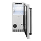 ZLINE Autograph Edition 15 in. Touchstone Gourmet Ice Maker with Drain Pump and Solid Stainless Steel Door with Matte Black Handle (IGMDZ-ST-15-MB) front, open.