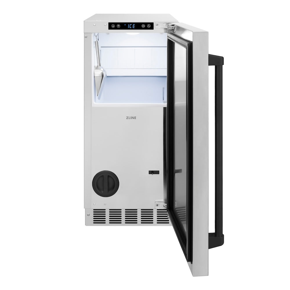 ZLINE Autograph Edition 15 in. Touchstone Gourmet Ice Maker with Drain Pump and Solid Stainless Steel Door with Matte Black Handle (IGMDZ-ST-15-MB) front, open.