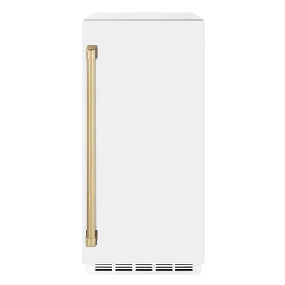 ZLINE Autograph Edition 15 in. Touchstone Gourmet Ice Maker with Drain Pump and White Matte Door with Champagne Bronze Handle (IGMDZ-WM-15-CB) front.