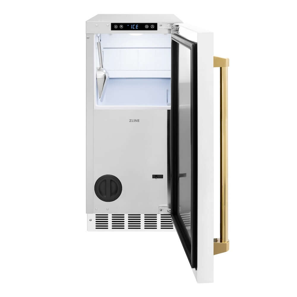 ZLINE Autograph Edition 15 in. Touchstone Gourmet Ice Maker with Drain Pump and White Matte Door with Polished Gold Handle (IGMDZ-WM-15-G) front, open.