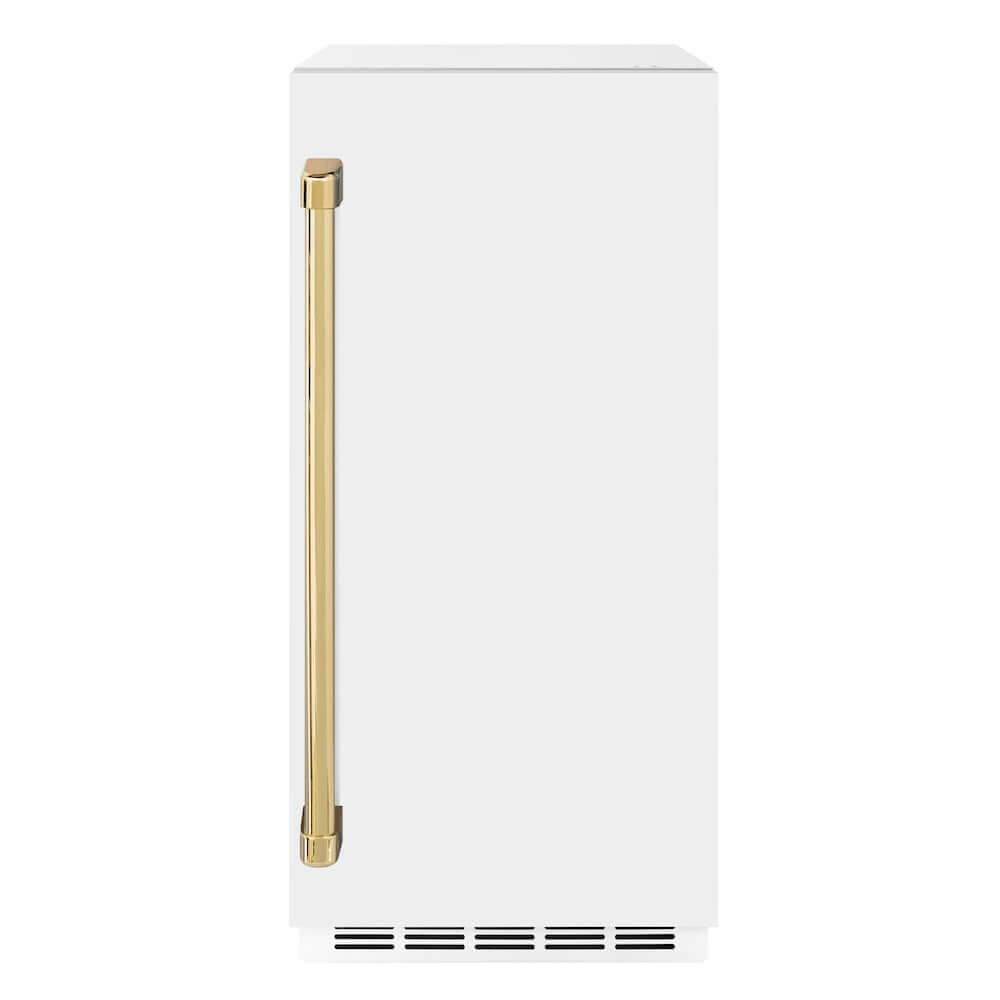ZLINE Autograph Edition 15 in. Touchstone Gourmet Ice Maker with Drain Pump and White Matte Door with Polished Gold Handle (IGMDZ-WM-15-G) front.
