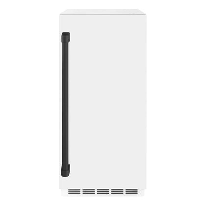 ZLINE Autograph Edition 15 in. Touchstone Gourmet Ice Maker with Drain Pump and White Matte Door with Matte Black Handle (IGMDZ-WM-15-MB) front.