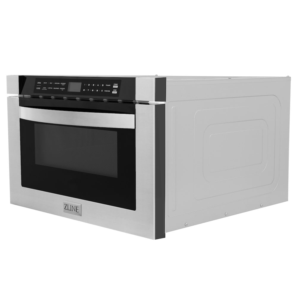 ZLINE Kitchen Package with Refrigeration, 30 in. Stainless Steel Dual Fuel Range, 30 in. Range Hood, Microwave Drawer, and 24 in. Tall Tub Dishwasher (5KPR-RARH30-MWDWV)