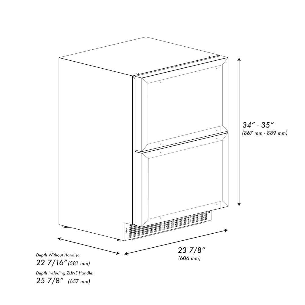ZLINE 24 in. Touchstone 168 Can Outdoor-Rated Dual Refrigerator Drawer with Panel-Ready Doors (RDSPO-24) dimensional diagram.