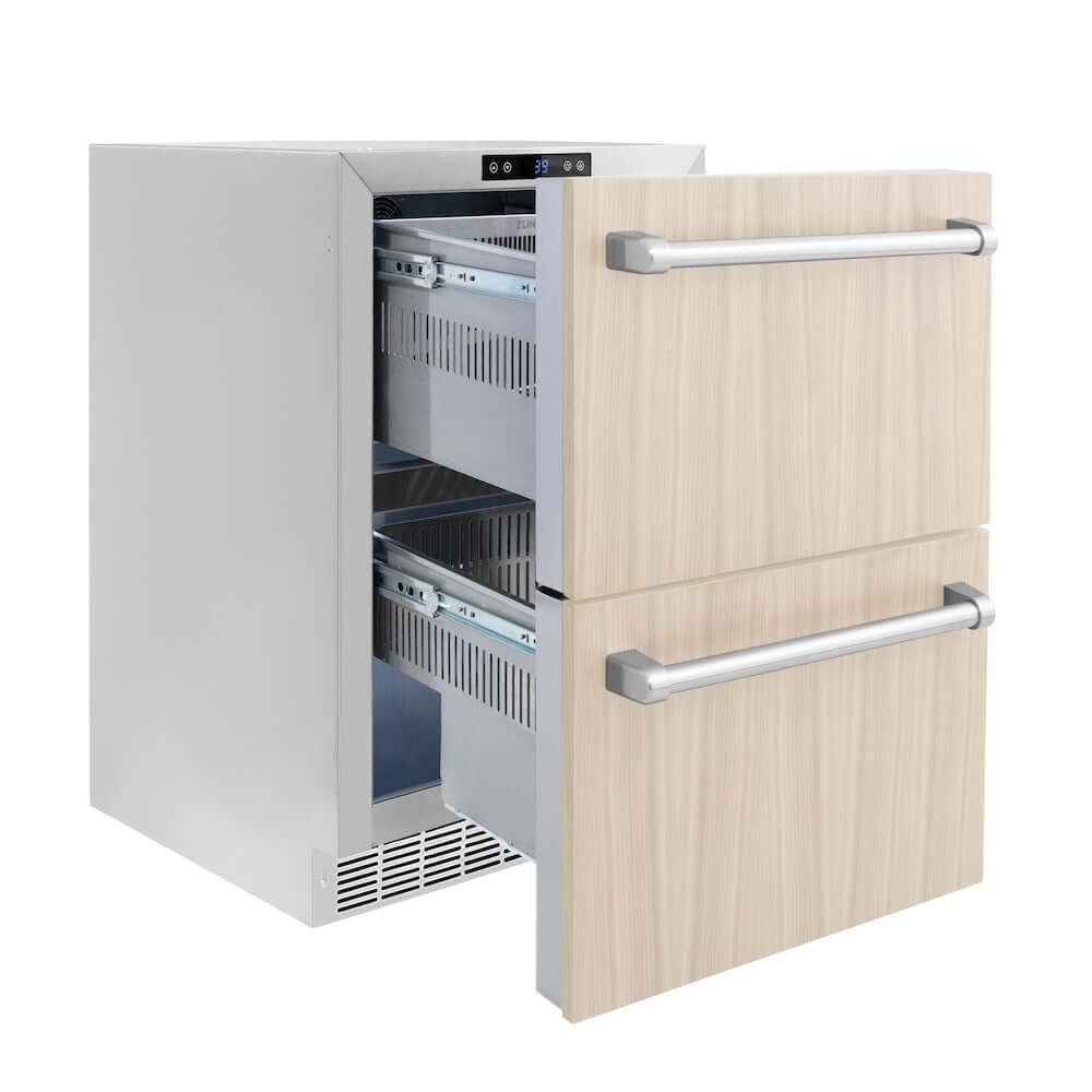 ZLINE 24 in. Touchstone 168 Can Outdoor-Rated Dual Refrigerator Drawer with Panel-Ready Doors (RDSPO-24) side, open.